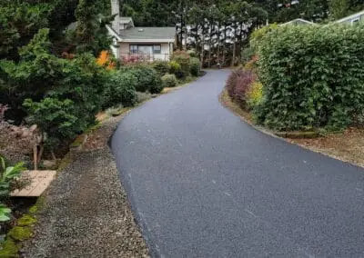 Newly paved asphalt driveway winding to a house surrounded by trees